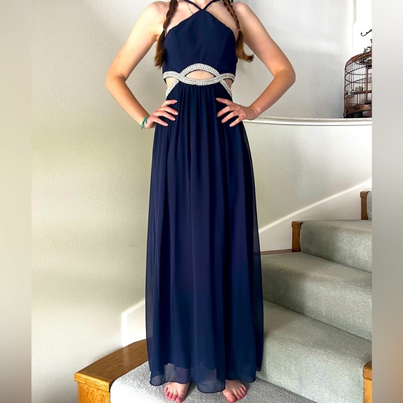 Xtraordinary Dresses & Skirts - Women’s Size 3 Navy Blue Full Length Cut Out Prom Dress With Faux Pearls
